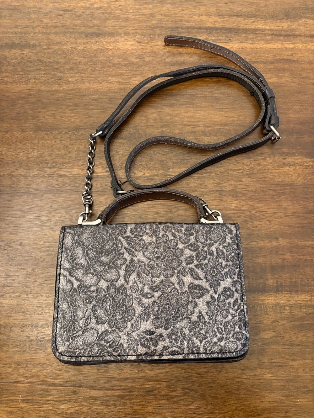 Patricia Nash Black Glitter Rose Crossbody Bag vintage inspired tooled leather
